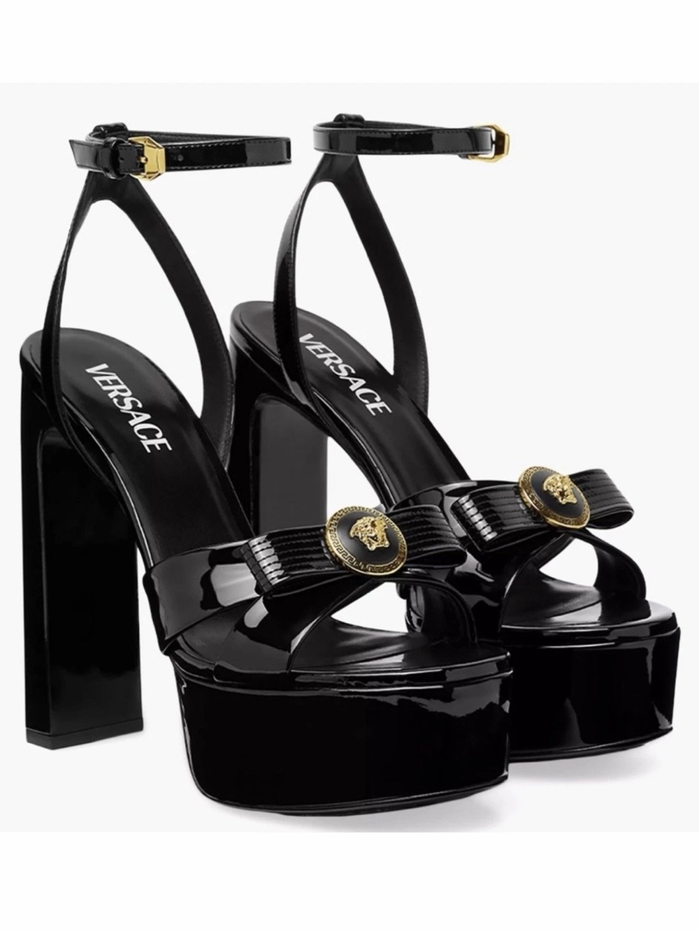 Versace Medusa Platform Sandals Black Patent Leather Heels EU 37.5 US 7.5